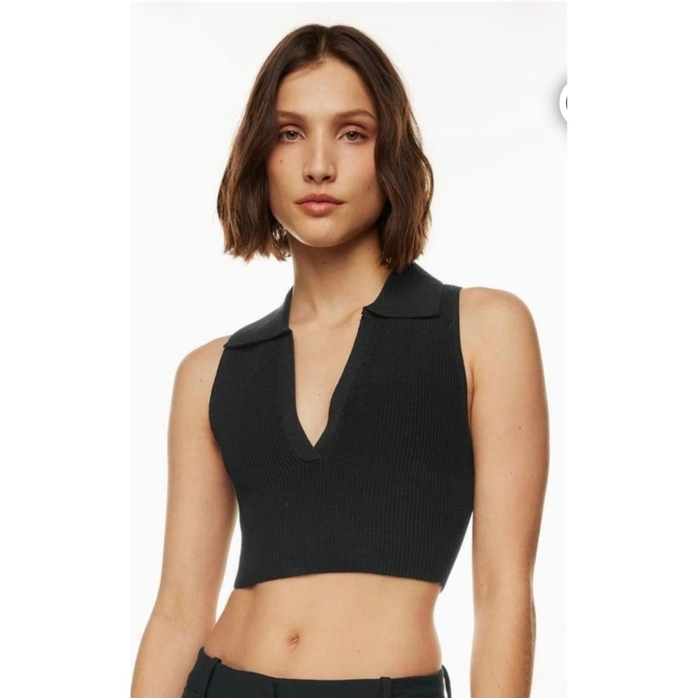 Aritzia Babaton Sculpt Knit Polo Tank Black Ribbed V-Neck Crop 92534 L